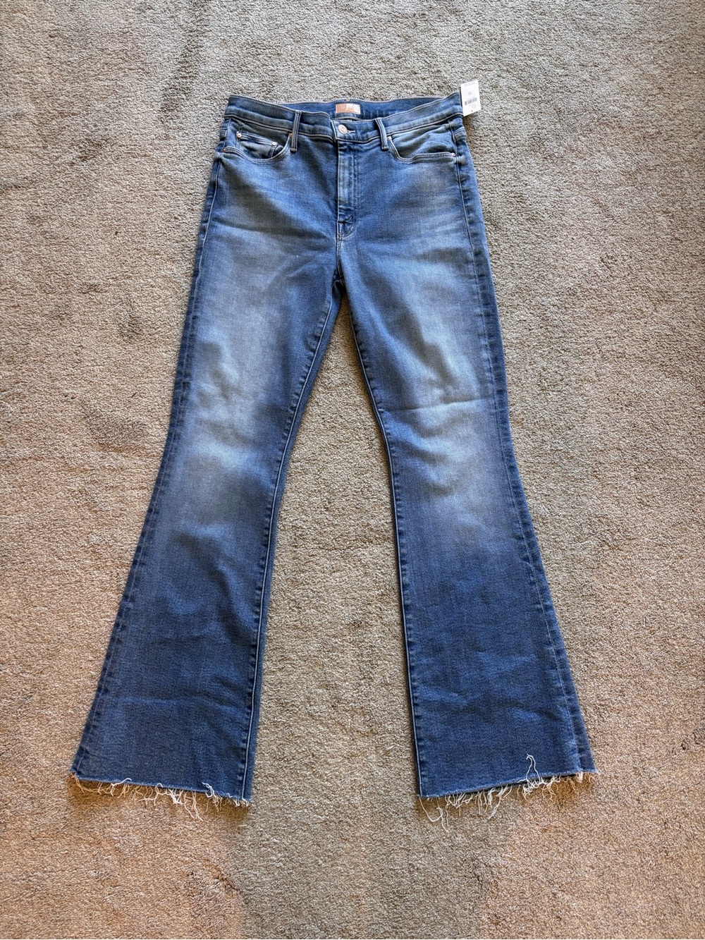 MOTHER The Weekender Fray Raw Hem Medium Blue Flare Jeans, NWT